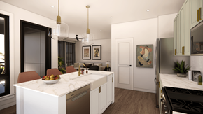 Greensboro apartment for rent - A modern kitchen with a marble countertop and a dining table set with a bowl of fruit.